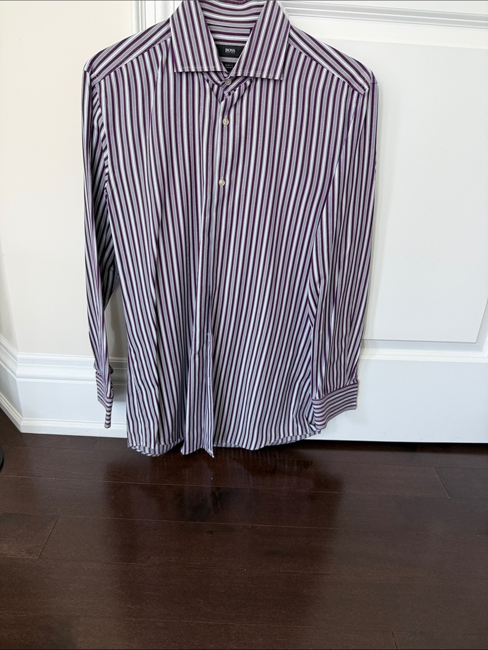 BOSS Cotton Slim Fit Striped Dress Shirt in Purple and White
